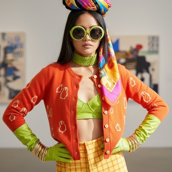 Anthropologie Sweaters - Field Flower Anthropologie Penguin Print Red Cardigan Sweater Cashmere Blend S